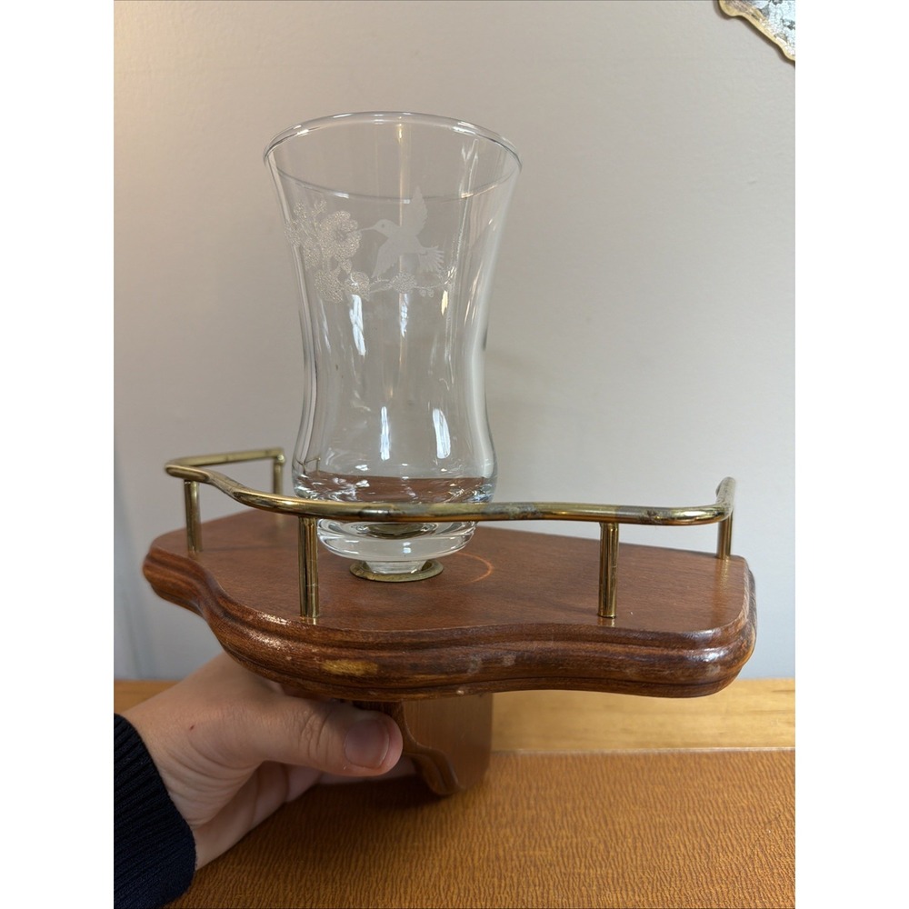 Vintage Homco Wood Brass Wall Sconce Clear Glass Tulip With Etched Hummingbird